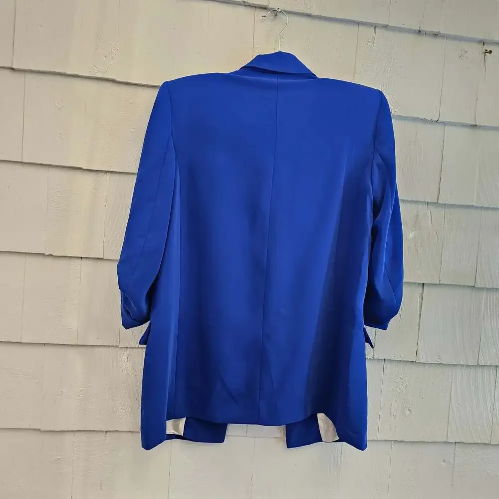 Zara Royal Blue Open Front Blazer Ruched Sleeve Career Jacket Women's S